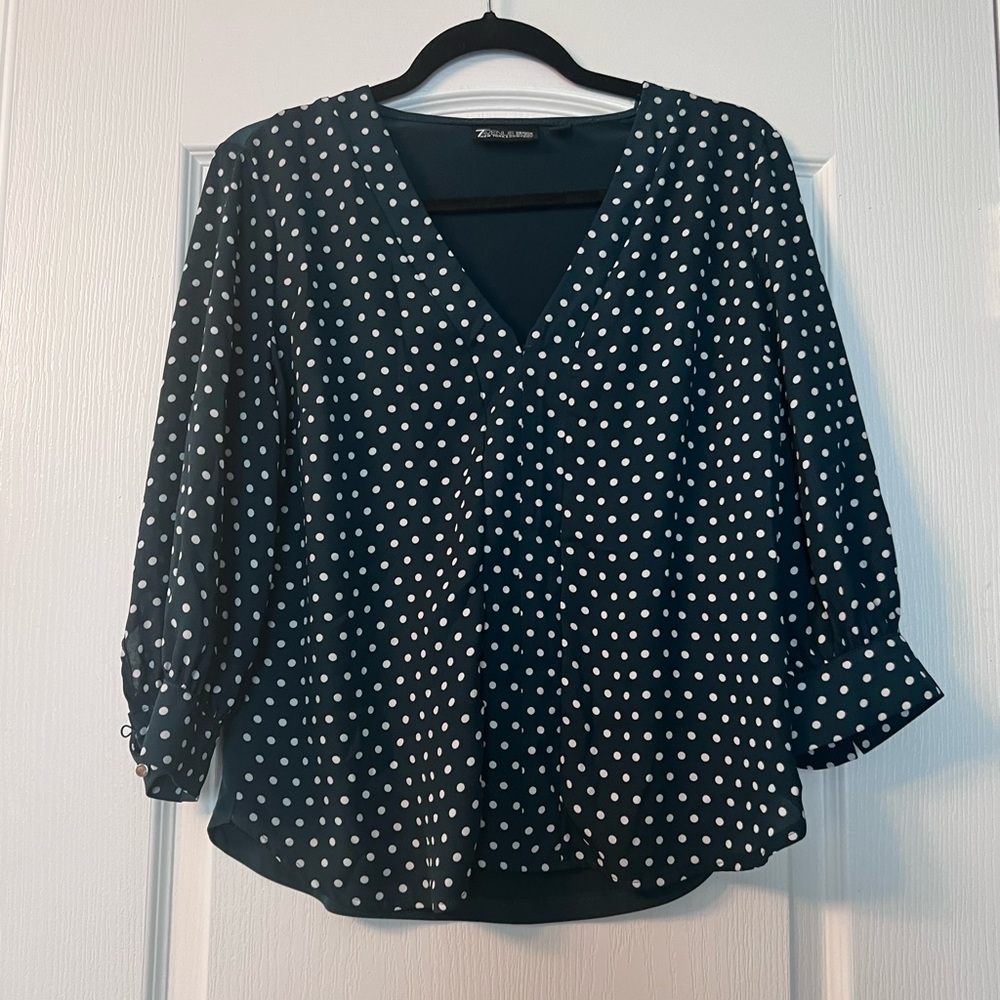 New York & Company, dark green and white polka dot, v neck blouse. Size small